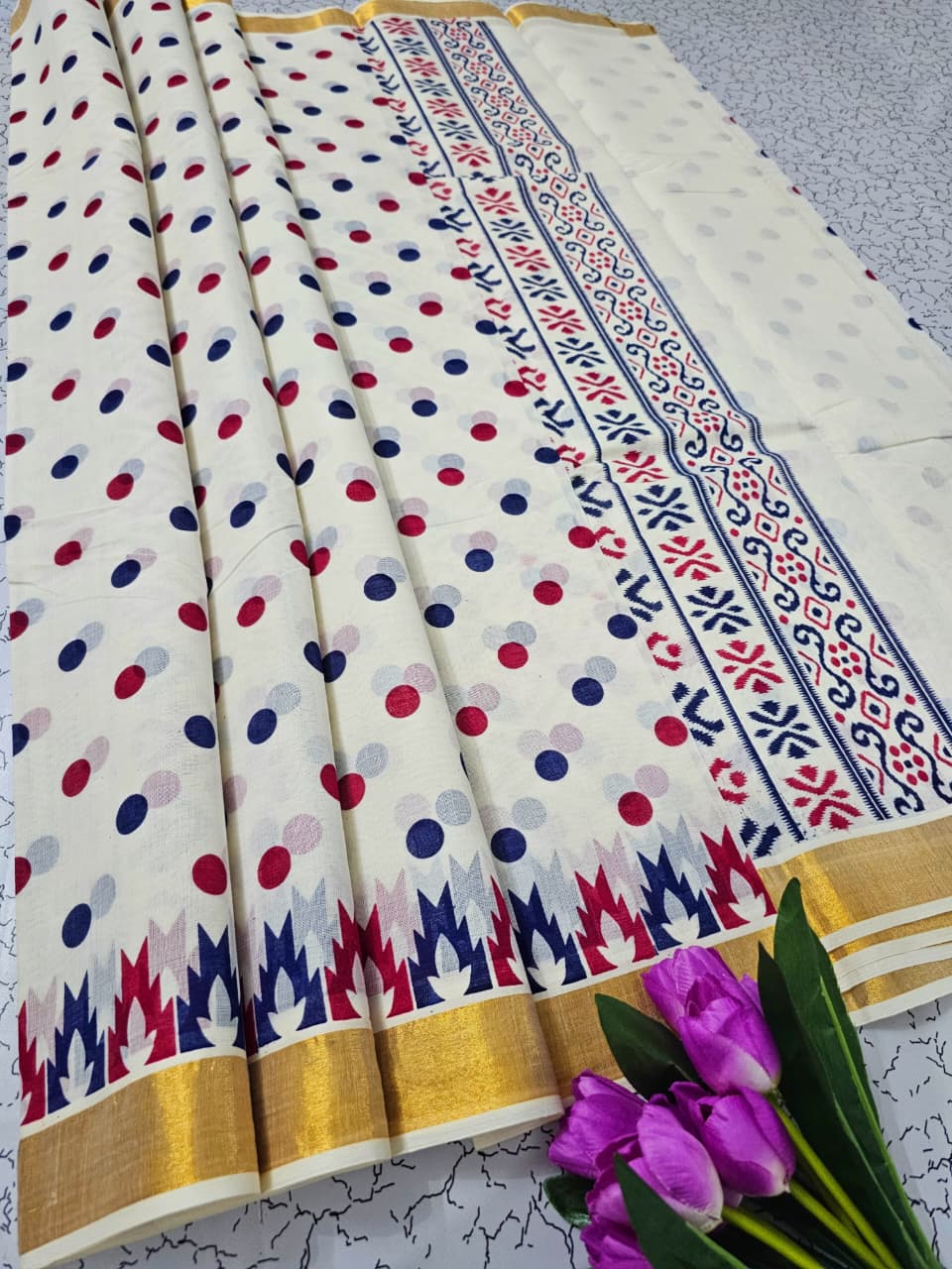 PRINTED WORK Kerala COTTON SAREES - White Gold Beige