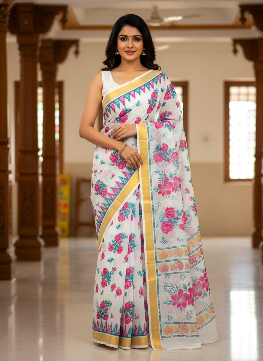 PRINTED WORK Kerala COTTON SAREES - White Gold Pink Green