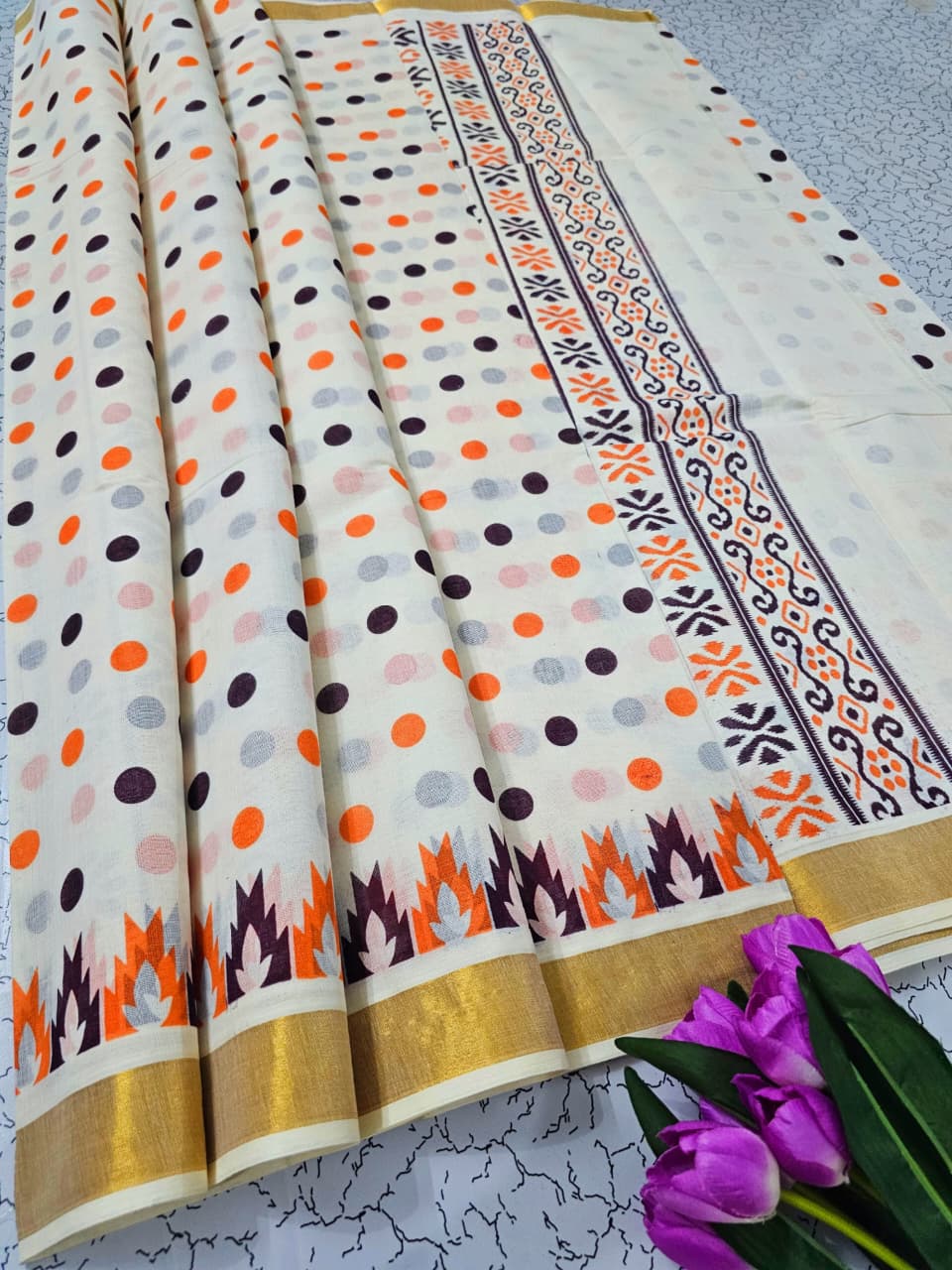 PRINTED WORK Kerala COTTON SAREES - White Gold Orange Blue