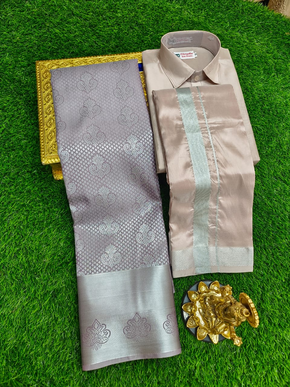 Premium silk Couple combo set (Shirt - Dhoti + Bridal semi silk sarees) - Beige Silver