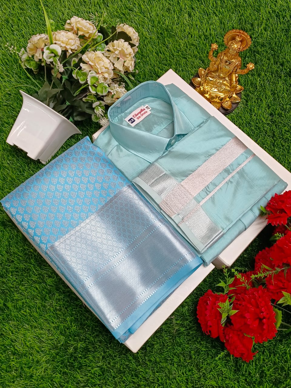 Premium silk Couple combo set (Shirt - Dhoti + Bridal semi silk sarees) - Light Blue Silver