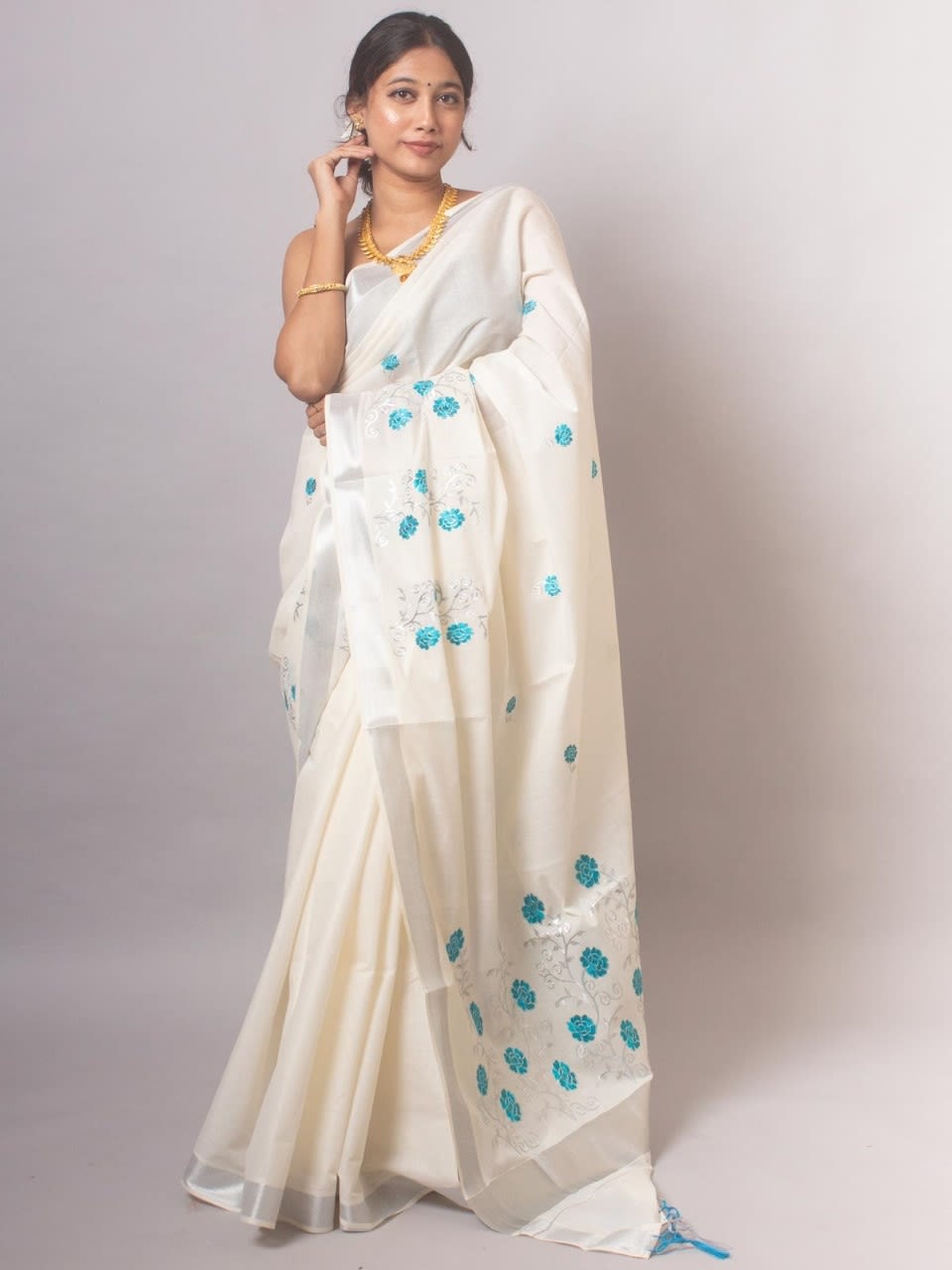 ONAM Special Saree - White Sky Blue