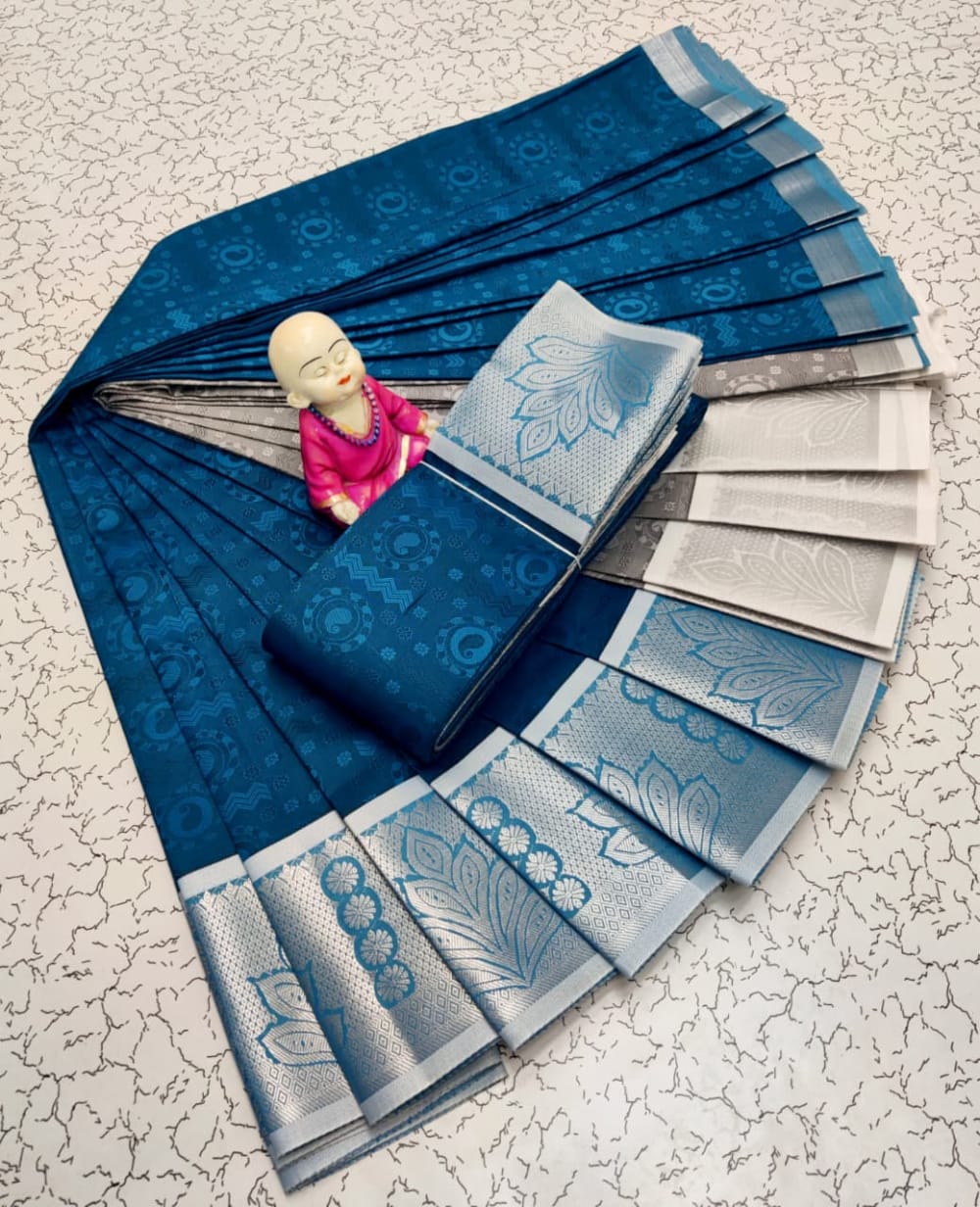 3D Embossed Art Silks Saree - Teal Blue