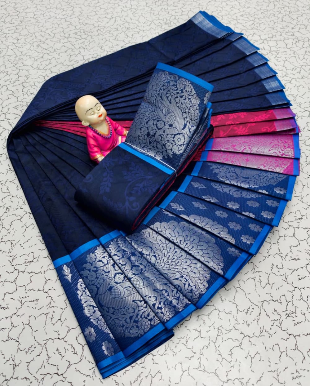 3D Embossed Art Silks Saree - Navy Blue Royal Blue