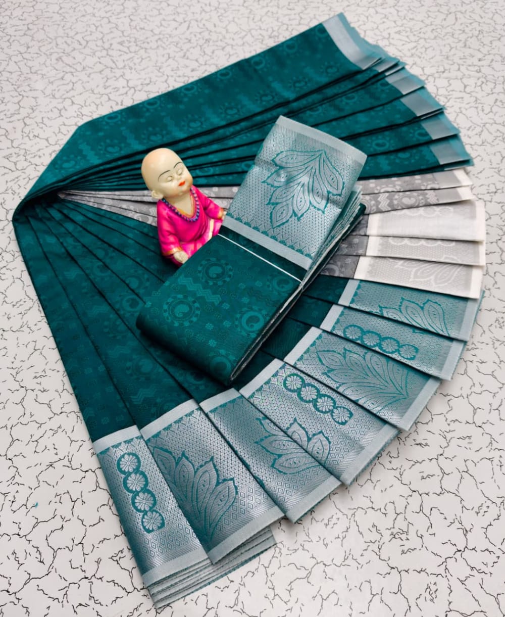 3D Embossed Art Silks Saree - Teal Green