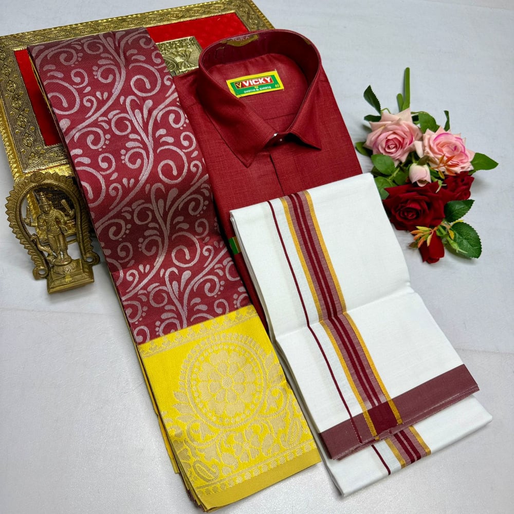 Kupera Silk Bridal Combo Set - Maroon Yellow