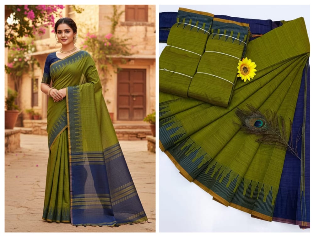 KORVAI BORDER SILK COTTON SAREES_Olive Green