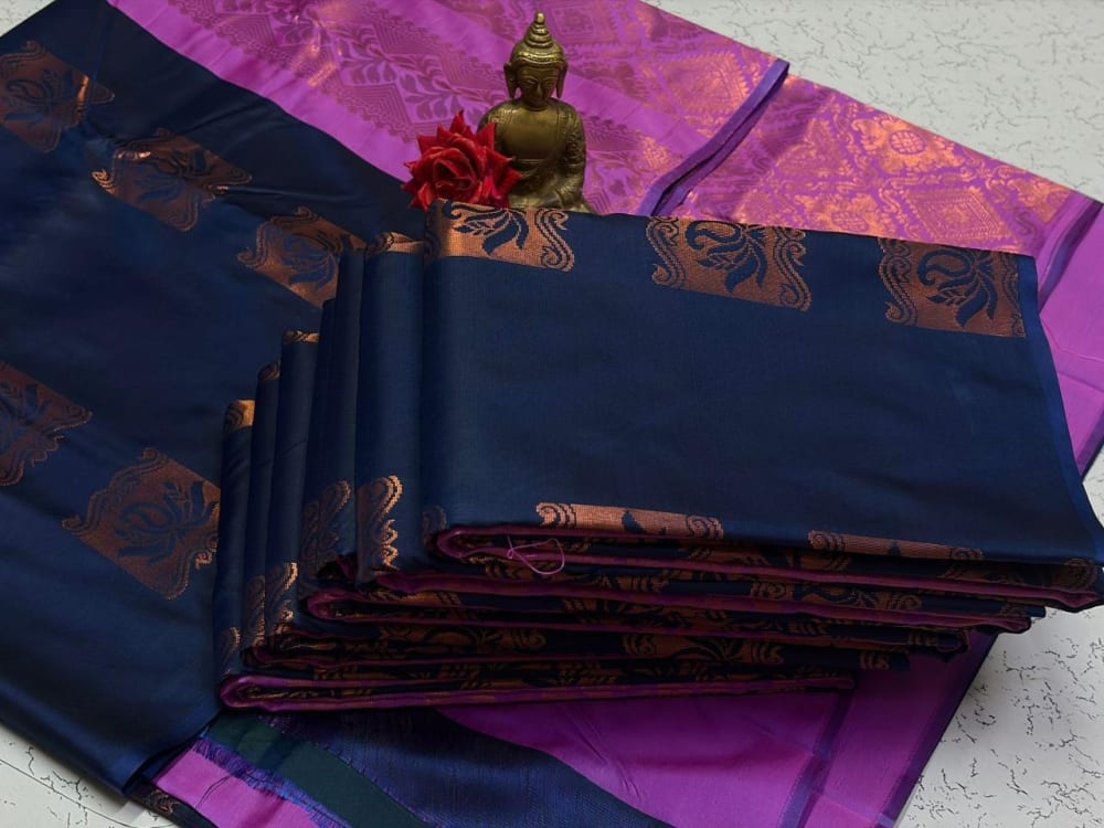 Borderless Soft Silk Saree - Navy Blue