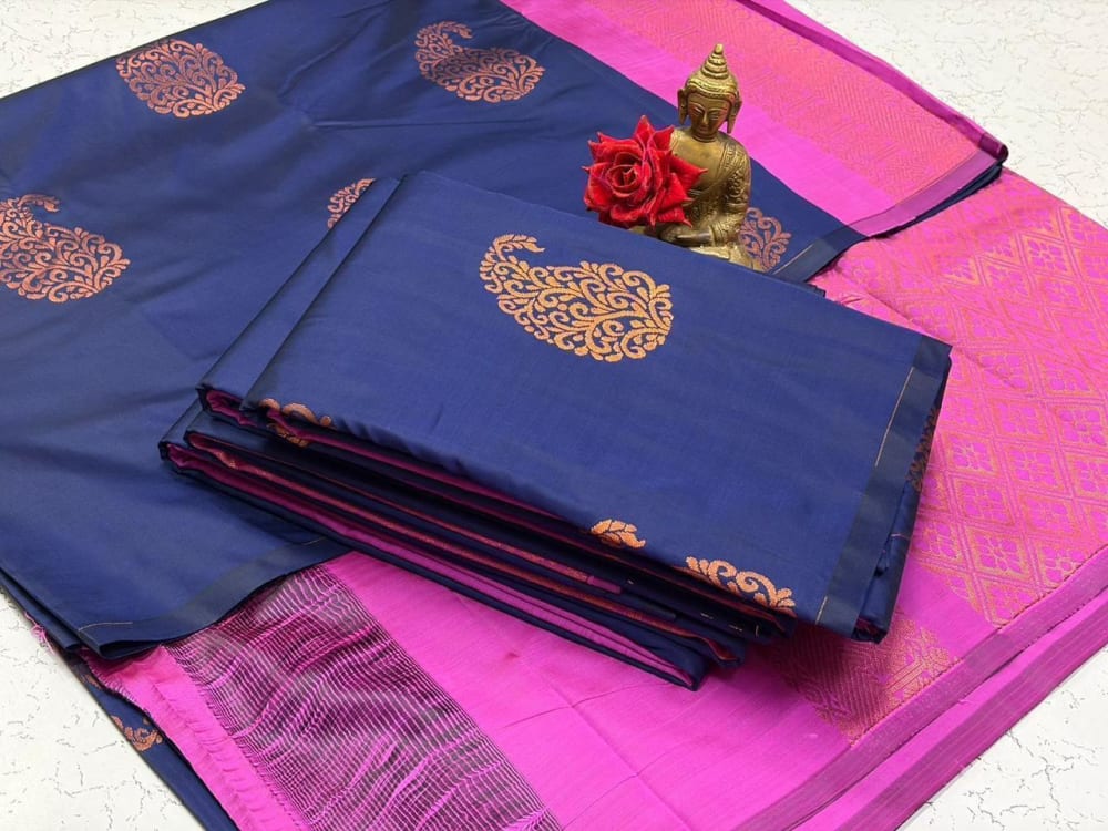 Borderless Soft Silk Saree - Navy Blue