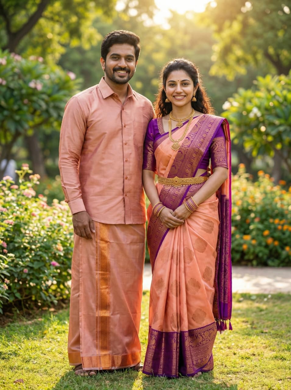 MANGALYAM KORVAI KOTTANJI TANA SOFT SILK SAREE - Peach Orange Dark Green