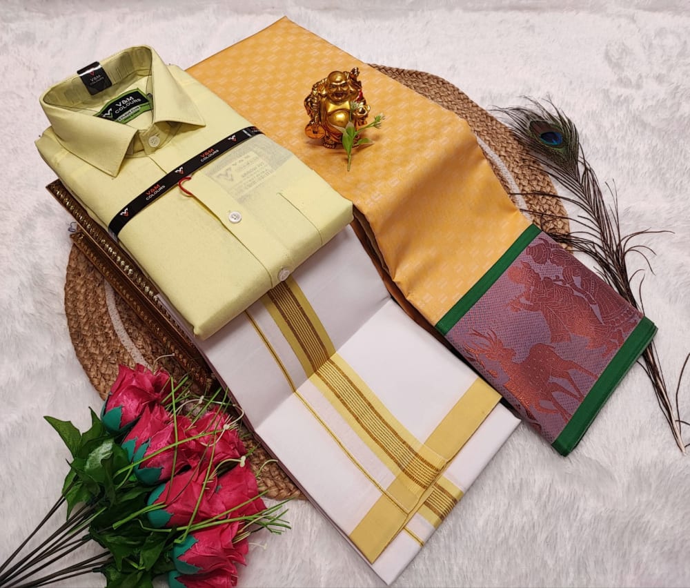 Cotton Blended Heavy Quality shirt & Dhothi - Light Cream