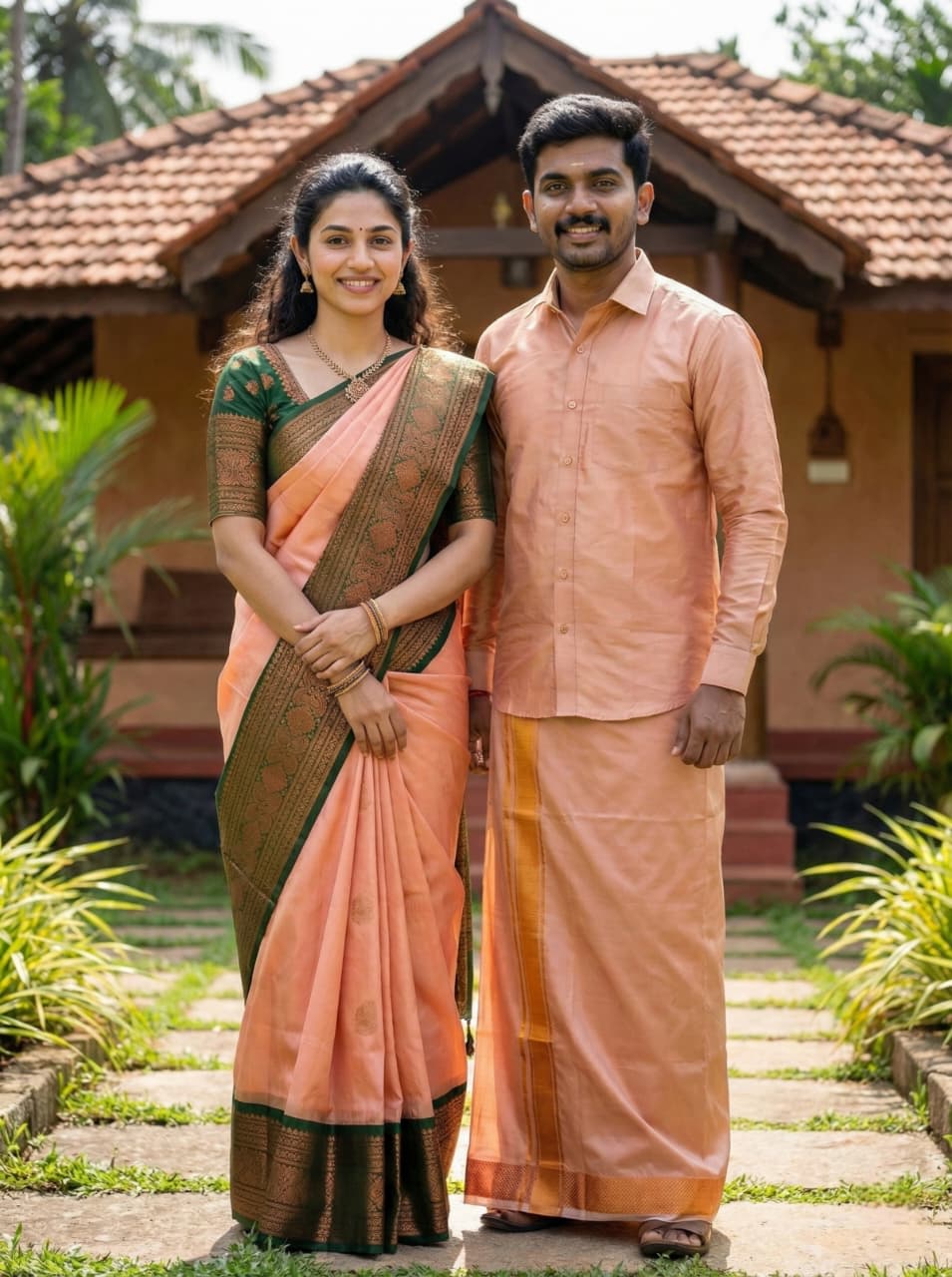 MANGALYAM KORVAI KOTTANJI TANA SOFT SILK SAREE - Peach Orange Dark Green