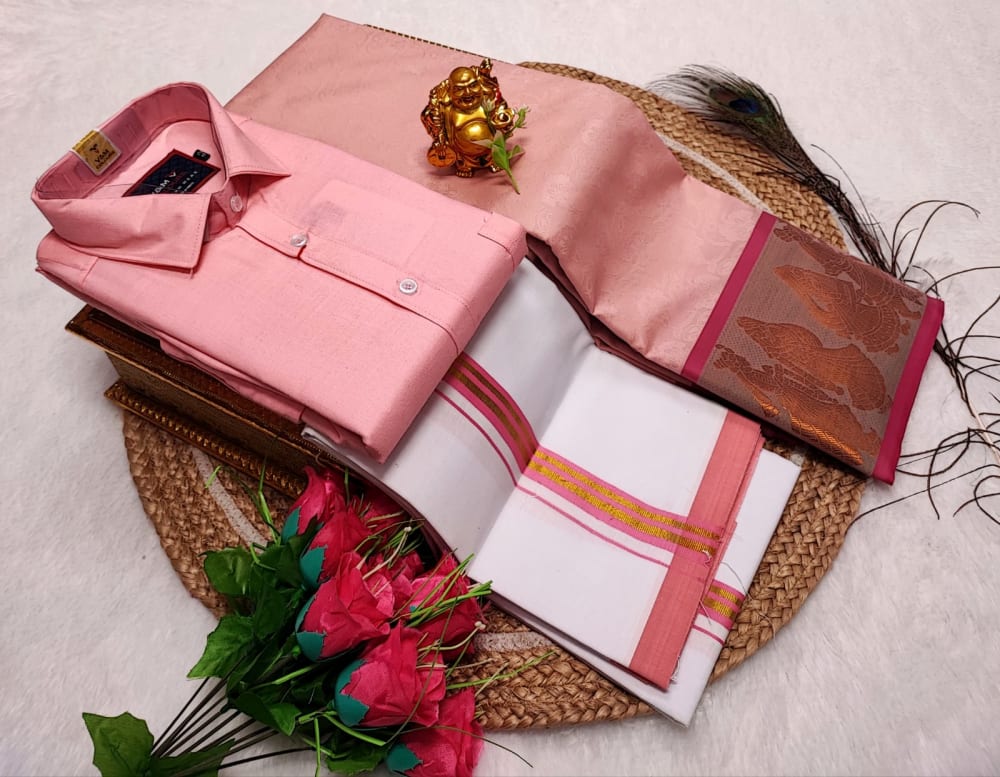 Cotton Blended Heavy Quality shirt & Dhothi - Light Pink