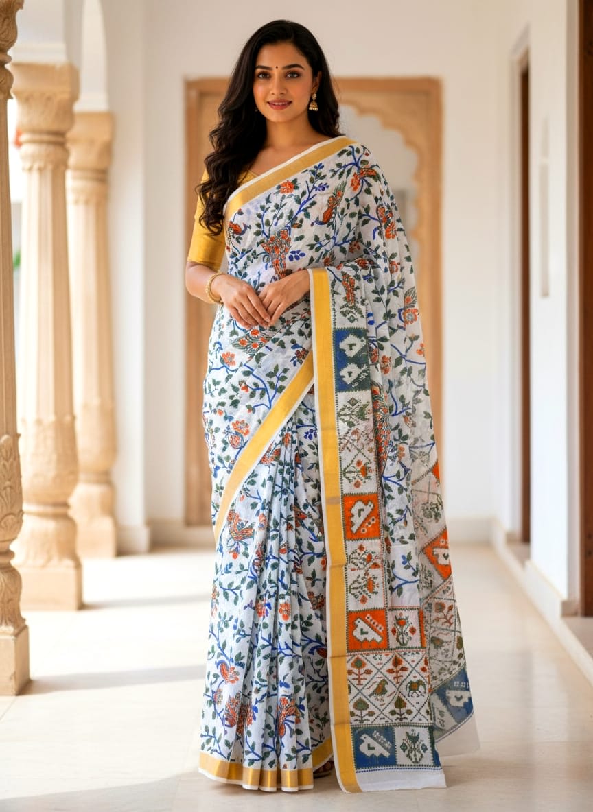 PRINTED WORK Kerala COTTON SAREES - White Gold Blue Pink