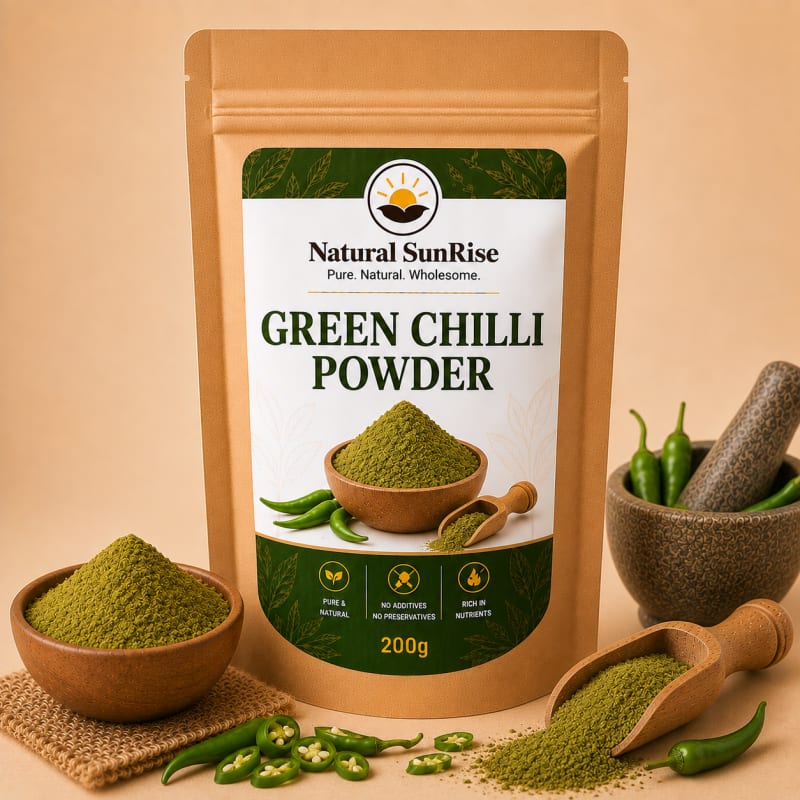 Pure dehydrated green chilli powder (Hari Mirch) spice pack - Natural SunRise