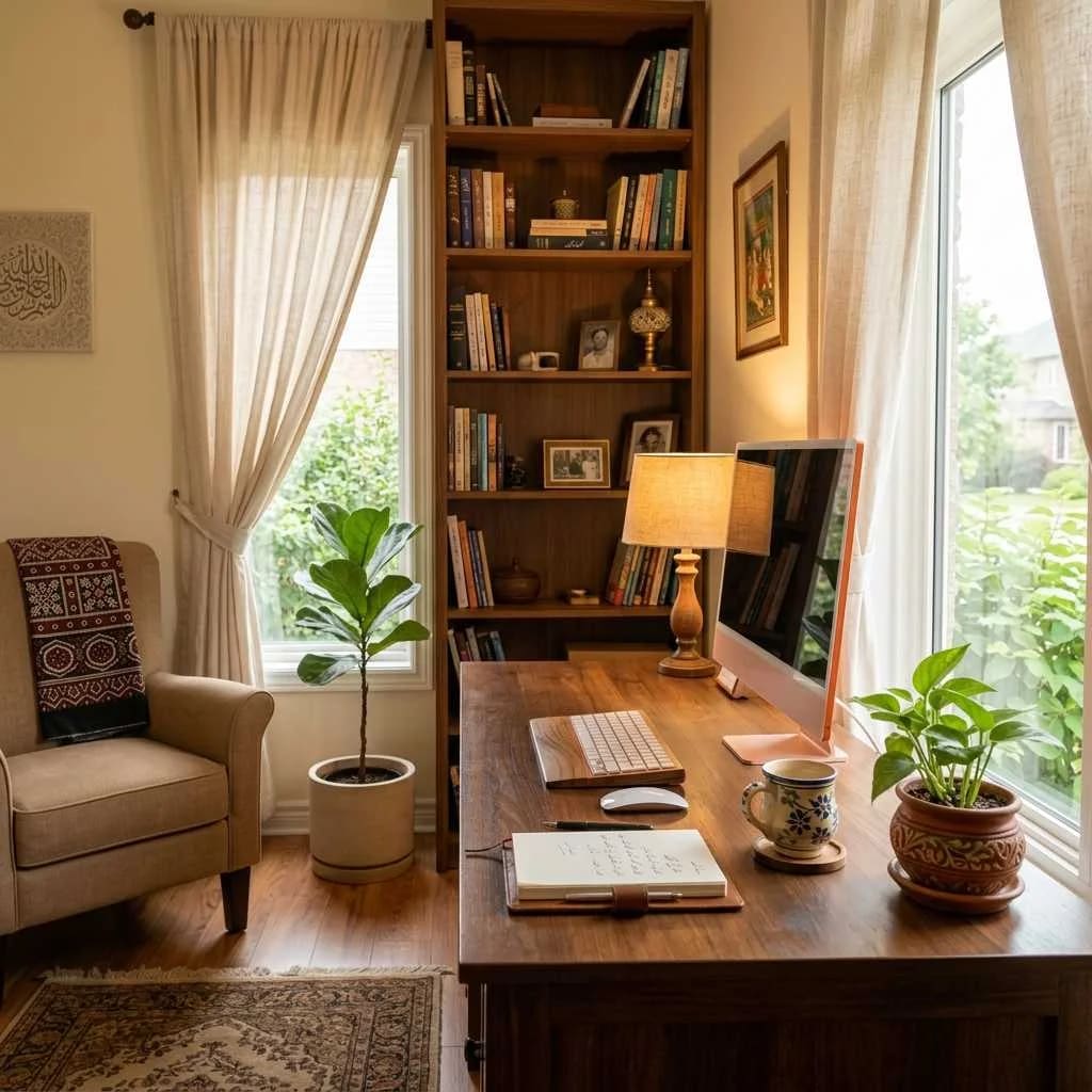 A warm Pakistani home office workspace for online therapy