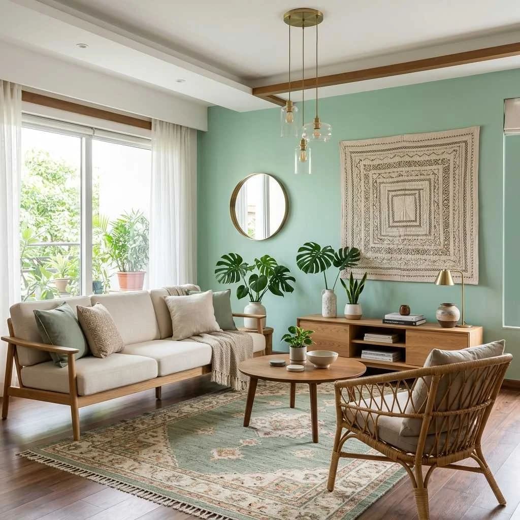 A serene Pakistani living room interior with plants and warm lighting