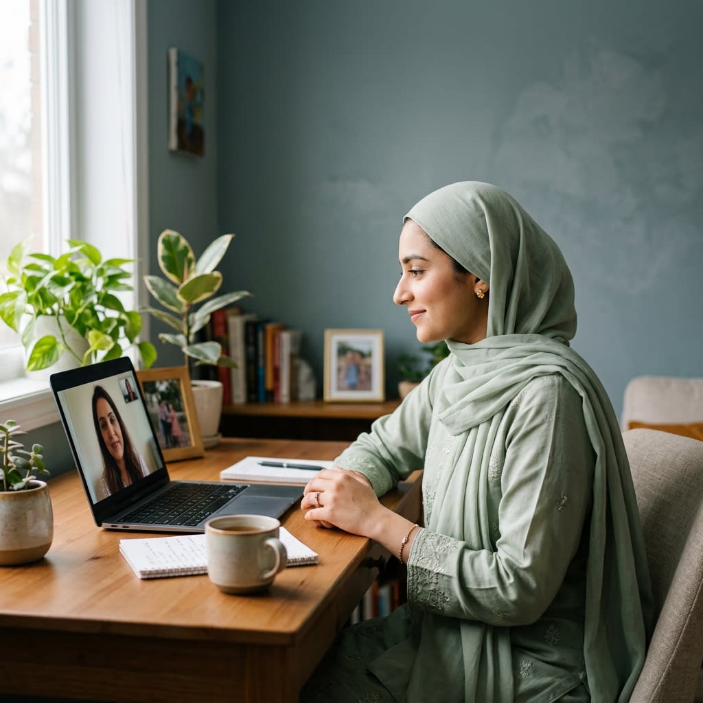Pakistani woman in a therapy-inspired living room interior