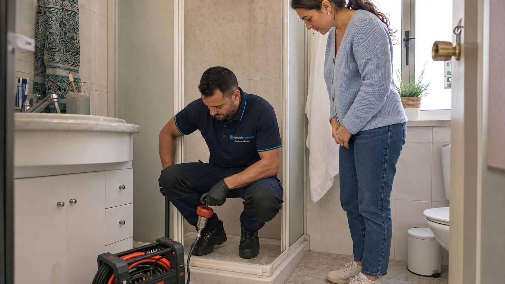Técnico inclinado sobre base de duche a desentupir ralo com ferramenta profissional