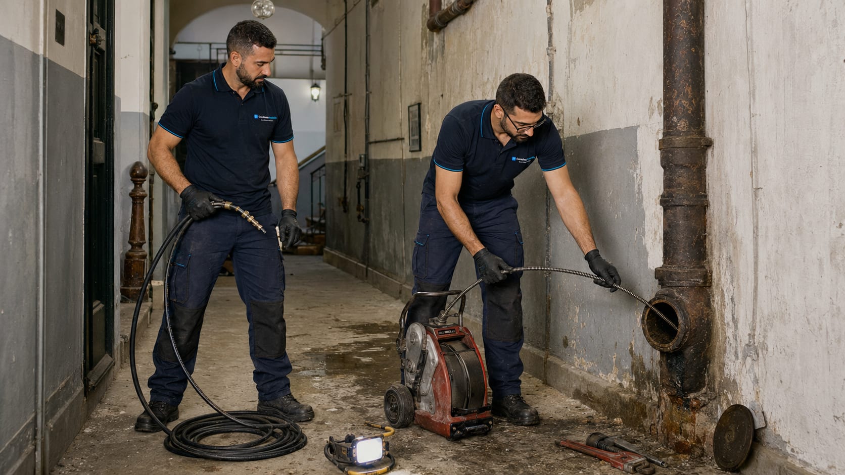 Técnico a operar máquina rotativa de espirais para desobstrução de canos entupidos