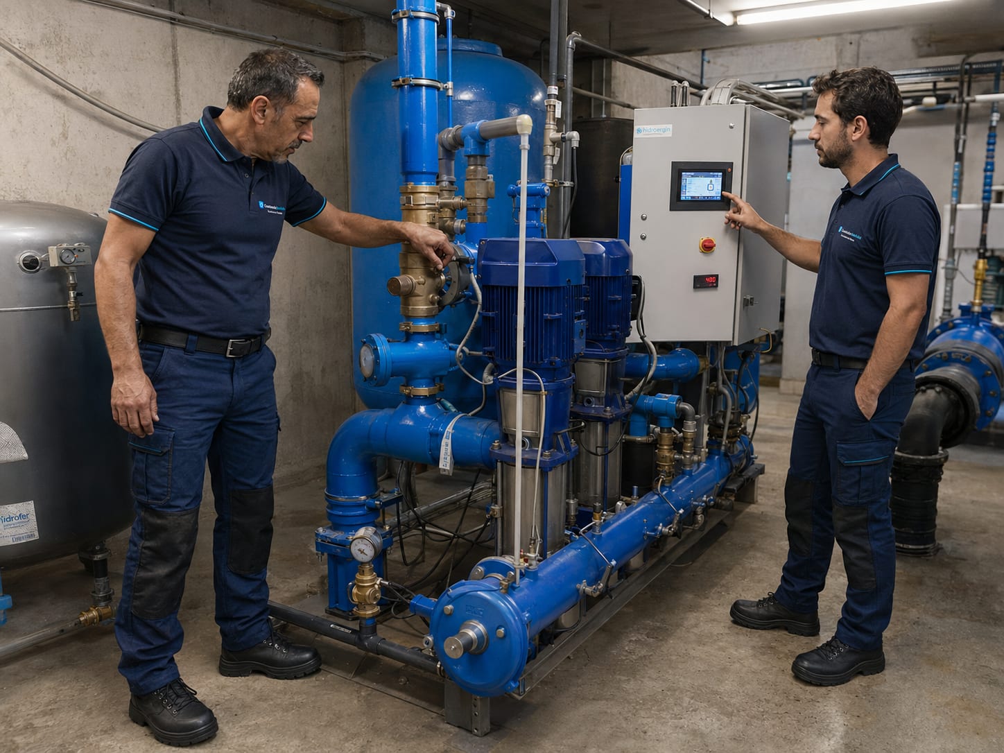 Técnico a verificar central de bombagem de água num edifício