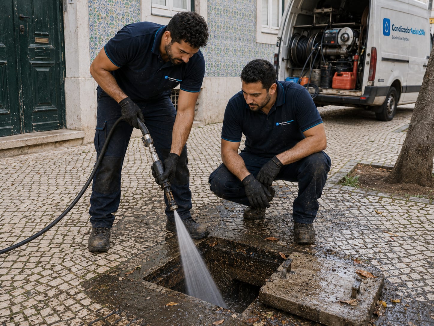 Técnico a limpar caixa de visita e ramal de escoamento pluvial no exterior