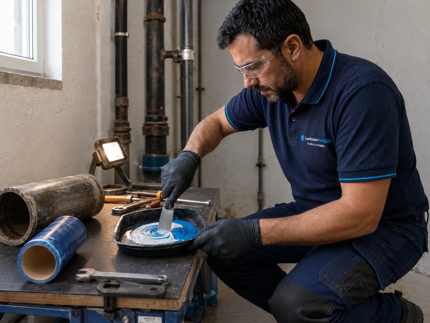 Técnico a injetar resina Epoxy no interior de cano antigo para reabilitação