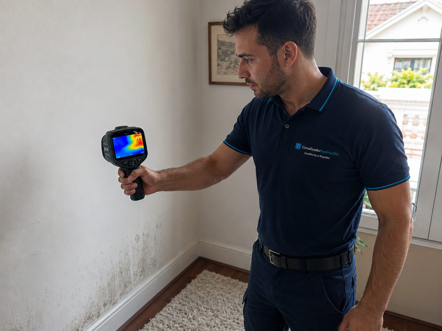 Técnico a utilizar câmara termográfica para deteção de fugas sem destruição
