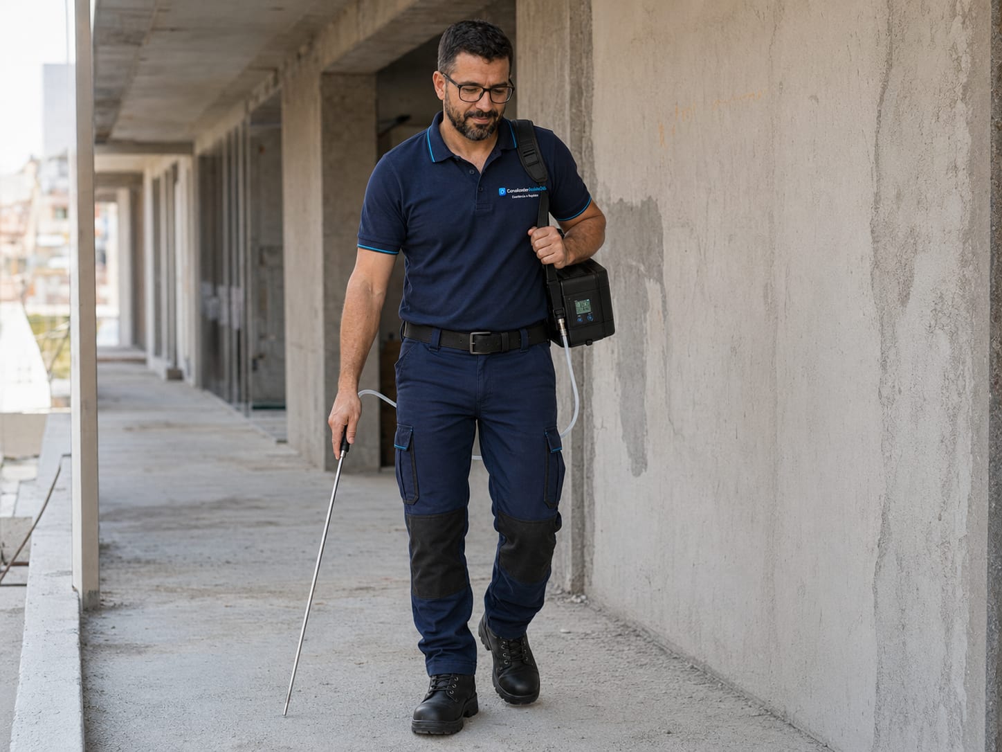 Técnico a utilizar sonda de gás traçador para detetar fuga invisível na laje