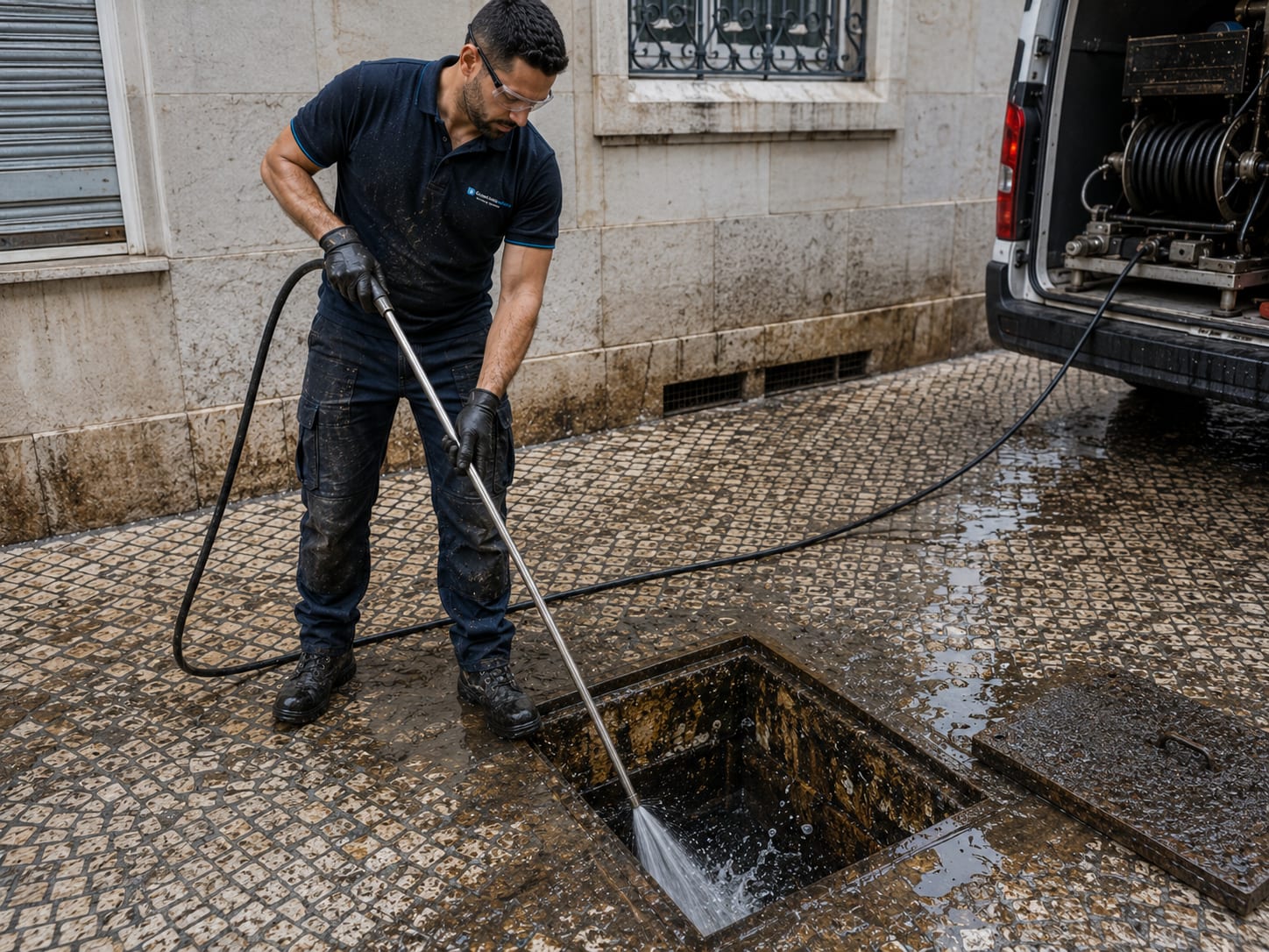 Hidrojato de alta pressão a limpar conduta subterrânea de esgoto