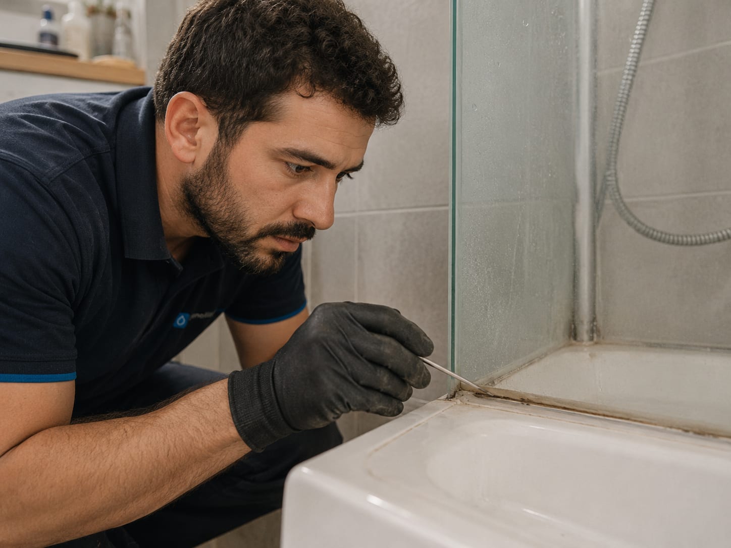 Técnico a verificar vedação de ralo de banheira para prevenir infiltrações