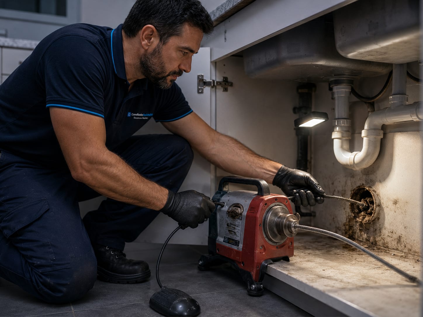 Canalizador a utilizar mola rotativa profissional em vez de produtos químicos