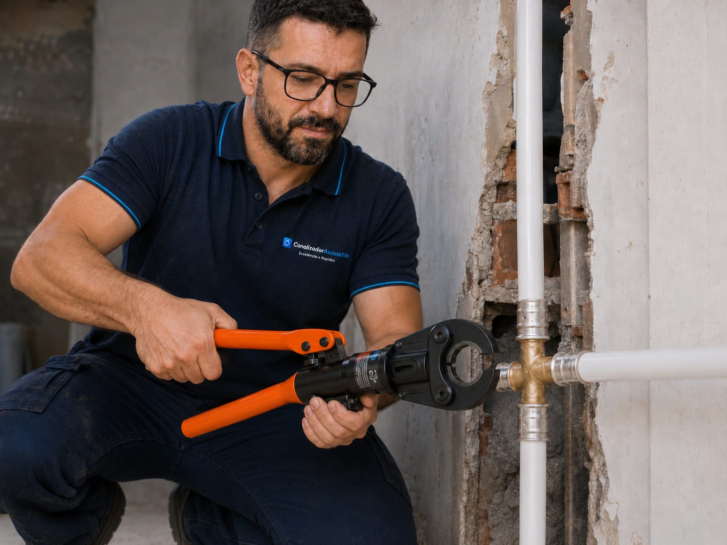 Técnico a cravar conector PEX em tubo multicamada com alicate hidráulico