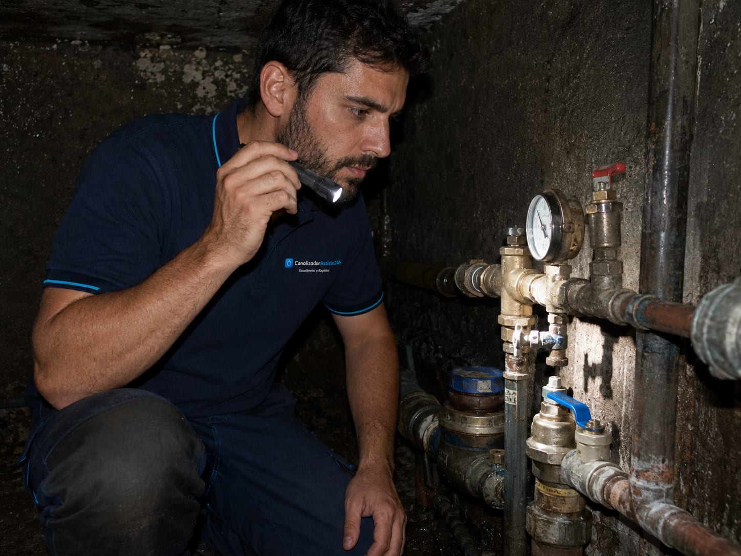 Técnico a verificar pressão de água com manómetro numa instalação predial