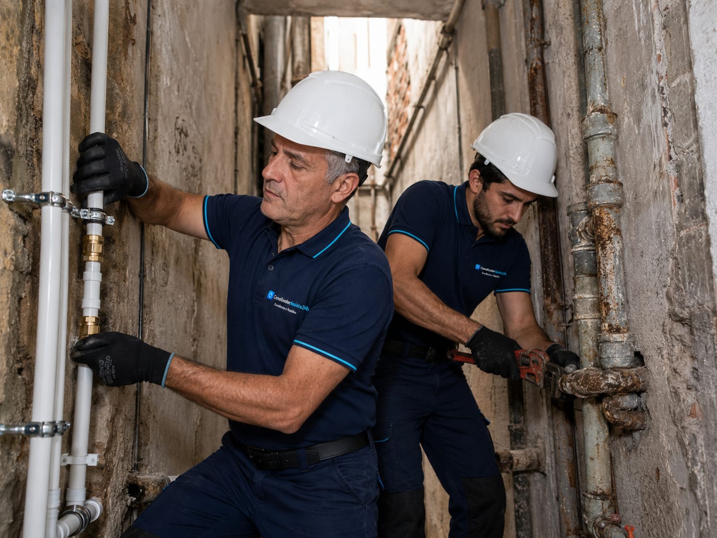 Técnico a reparar prumada de abastecimento de água num prédio residencial