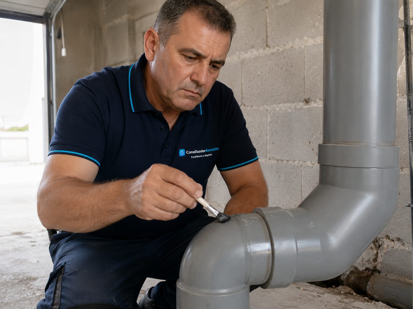 Técnico a substituir tubo de PVC partido num ramal de esgoto doméstico
