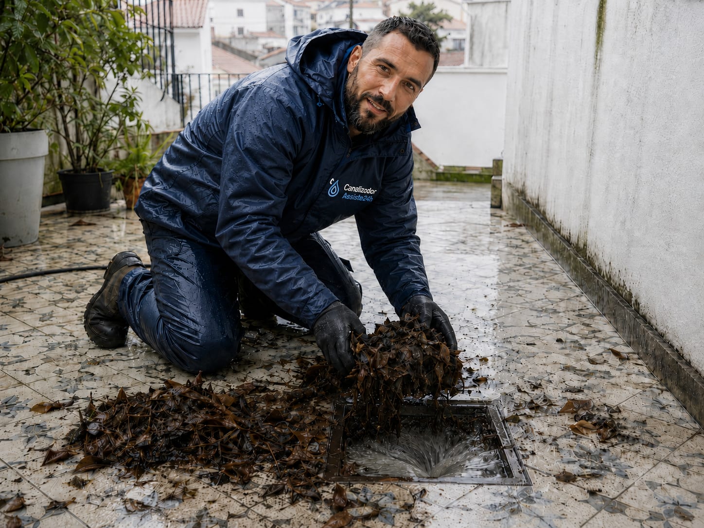 Técnico a desentupir ralo pluvial de terraço com maquinaria móvel