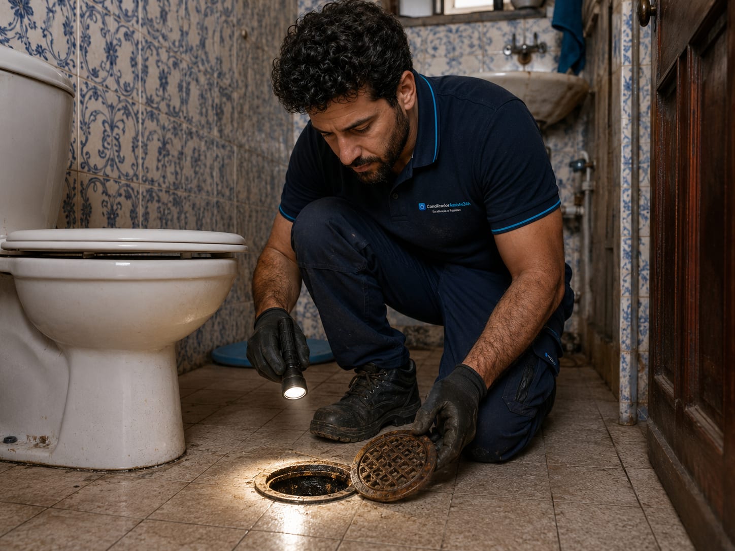 Canalizador a abrir e limpar ralo sifonado de casa de banho
