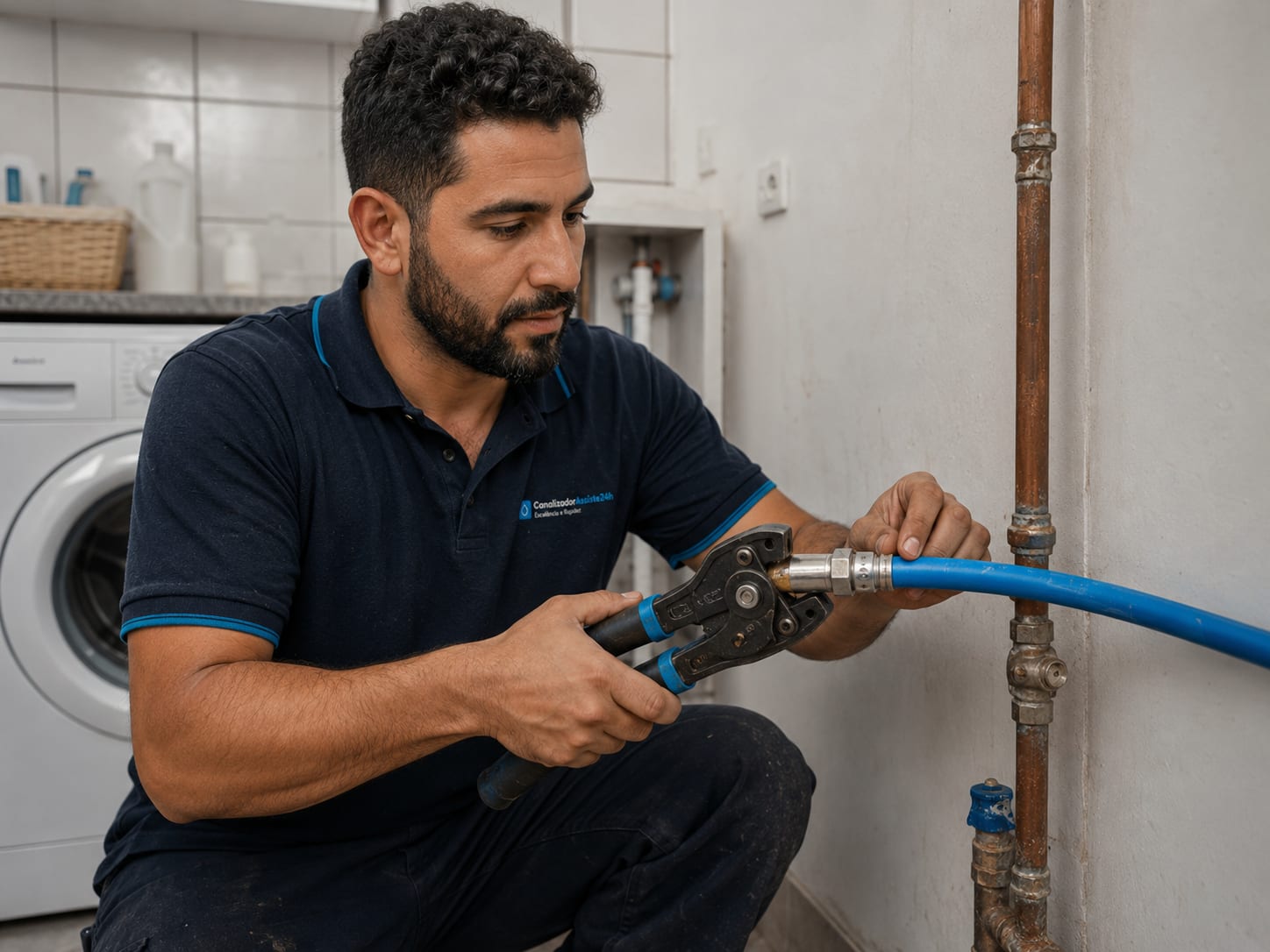 Técnico a preparar substituição de tubagem antiga por novas conexões multicamada