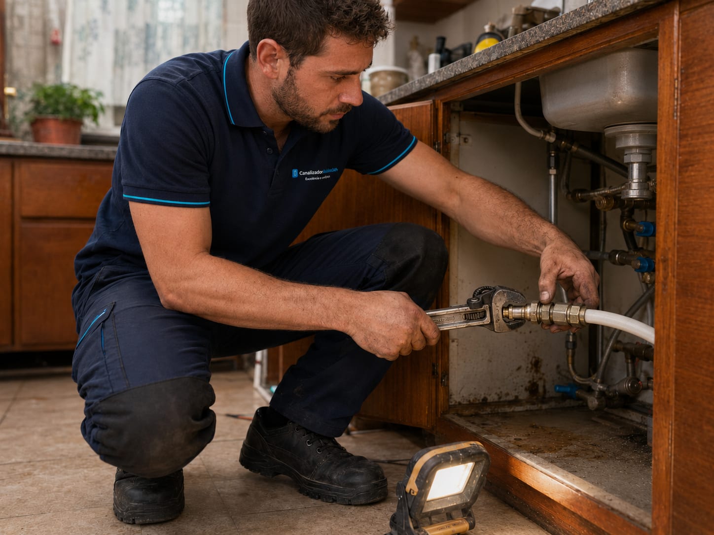 Canalizador a reparar tubagem com ferramentas profissionais numa cozinha