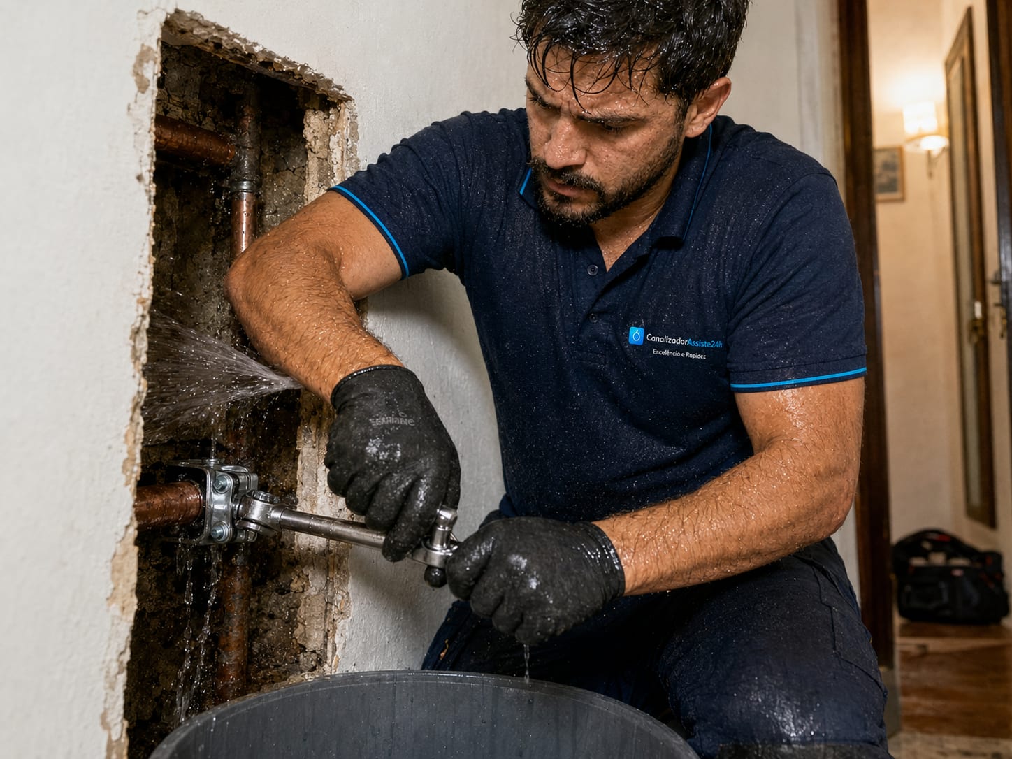 Técnico a estancar rotura de cano com água a esguichar