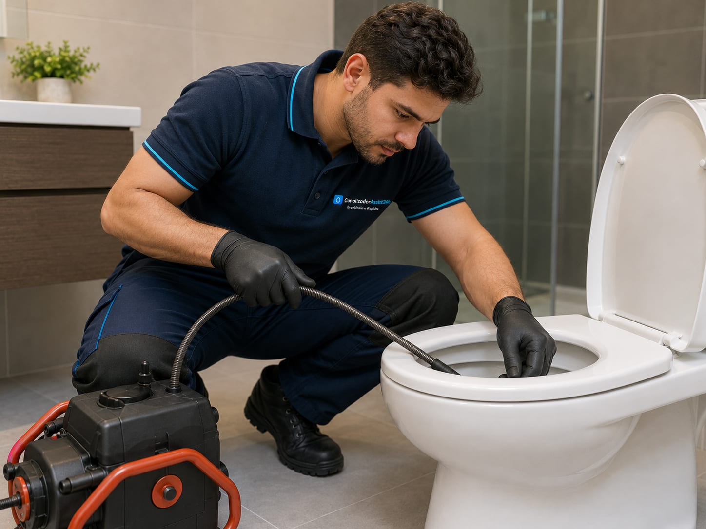 Espiral motorizada com proteção de borracha a desentupir sanita sem riscar cerâmica