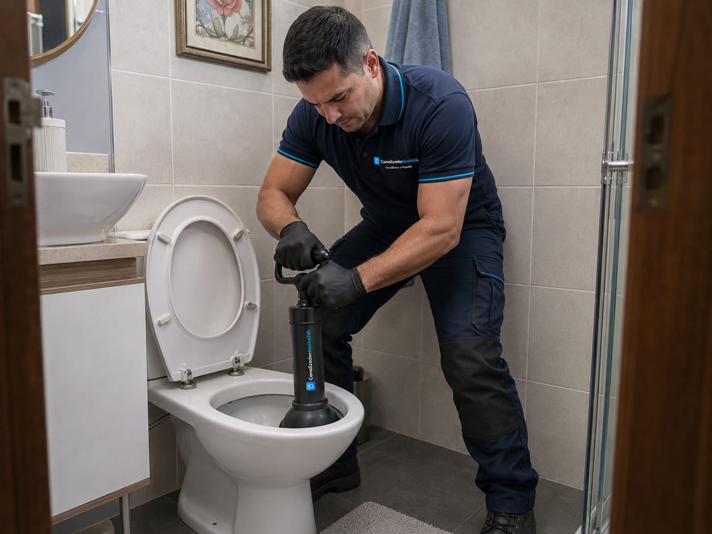 Técnico a usar equipamento de vácuo para desentupir sanita de forma higiénica