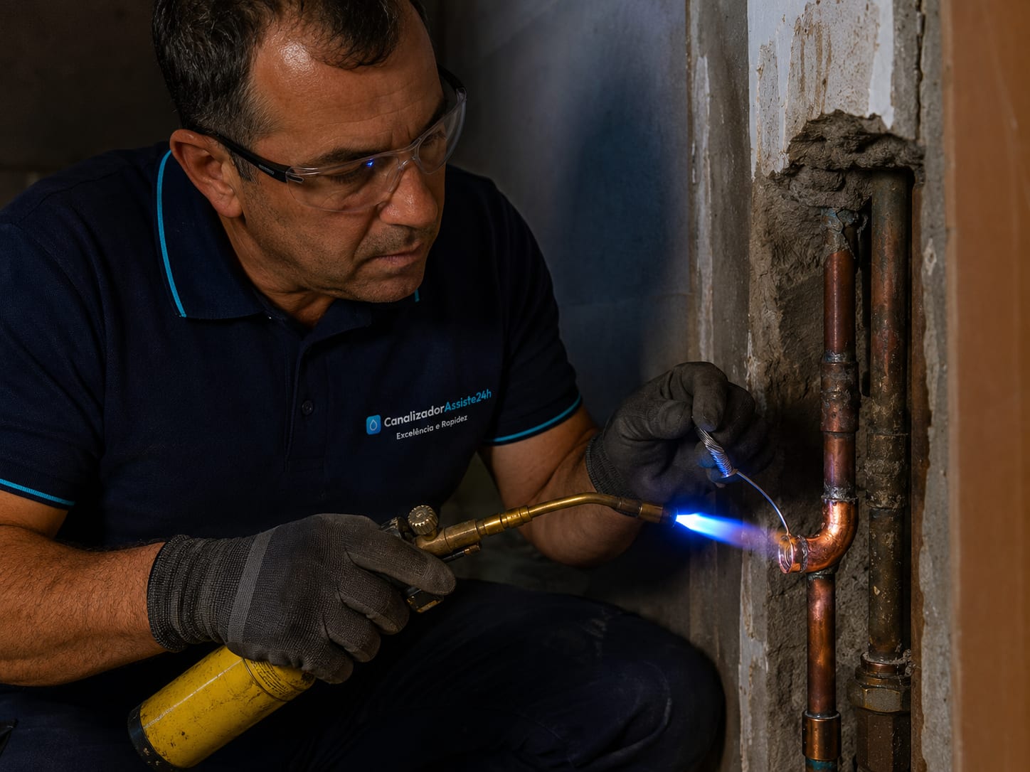 Canalizador a soldar tubo de cobre com maçarico numa canalização antiga