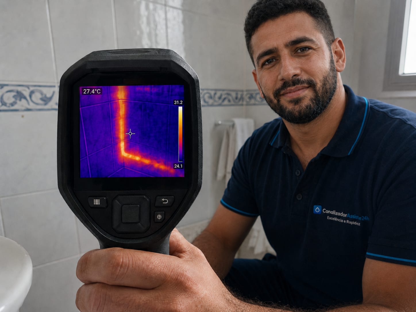 Ecrã de câmara termográfica mostrando mapa de calor de fuga oculta em parede