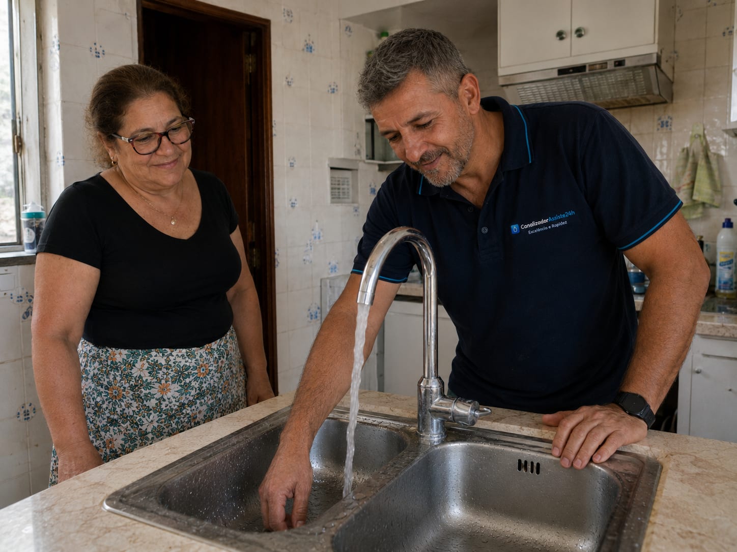 Técnico a demonstrar teste de escoamento de conduta ao cliente após desobstrução