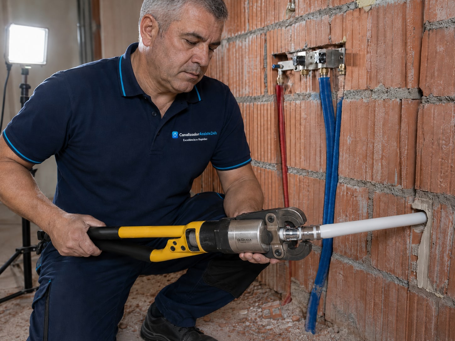 Técnico a cravar ligação em tubo multicamada PEX com alicate hidráulico