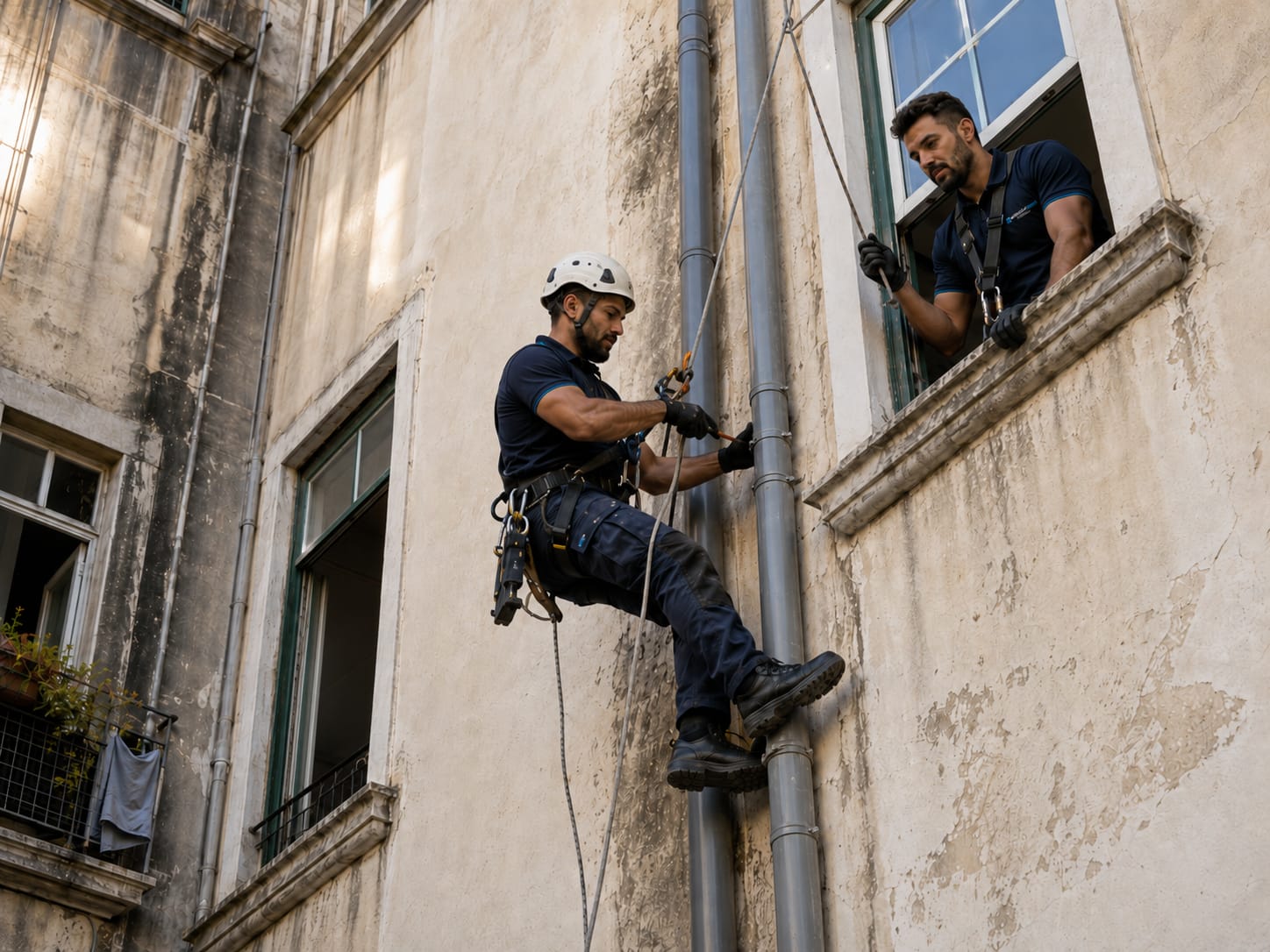 Técnico a instalar tubo de queda em PVC série B nas escadas de um prédio