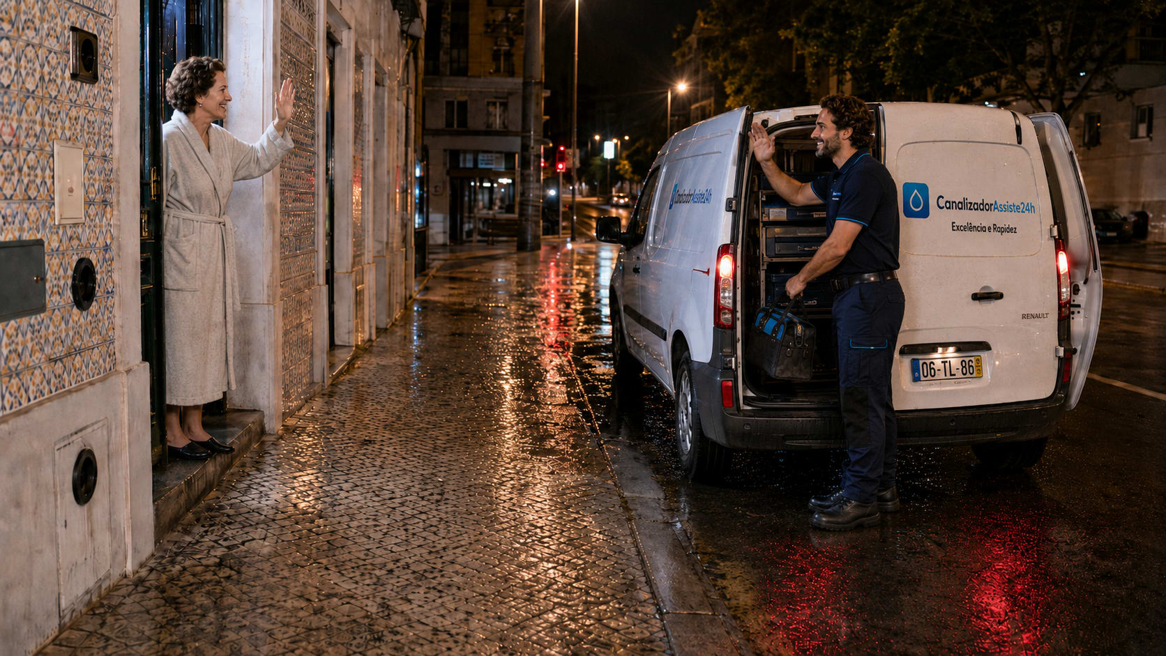 Carrinha de piquete de canalização estacionada em rua de Lisboa pronta para intervenção urgente