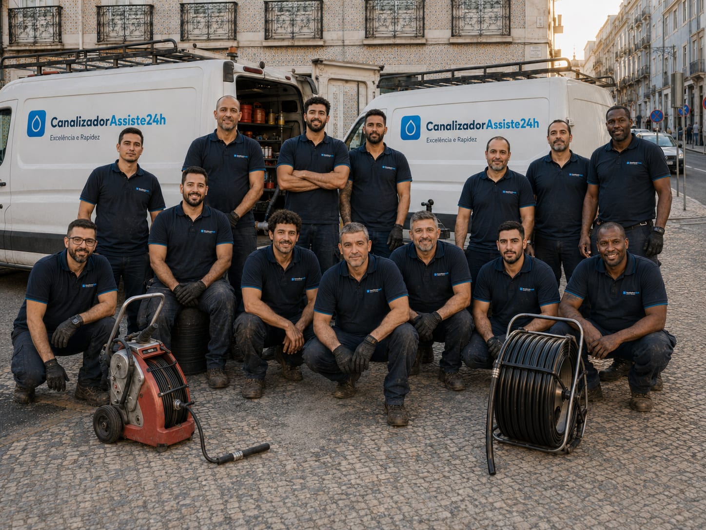 Equipa de canalizadores profissionais com equipamento de deteção de fugas e desentupimento em Lisboa